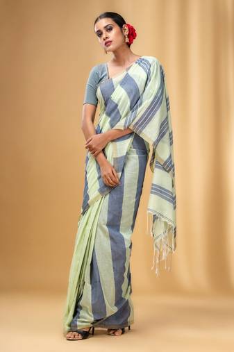 Tea Green And Grey Cotton Handwoven Half N Half Saree With Stripe Pattern