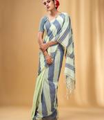 Tea Green And Grey Cotton Handwoven Half N Half Saree With Stripe Pattern