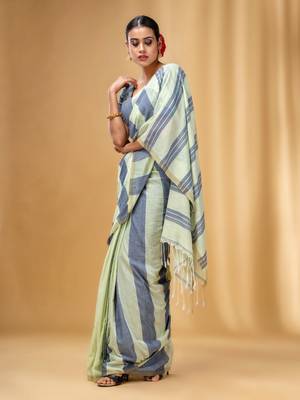 Tea Green And Grey Cotton Handwoven Half N Half Saree With Stripe Pattern 2