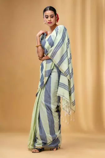 Tea Green And Grey Cotton Handwoven Half N Half Saree With Stripe Pattern