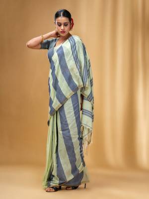 Tea Green And Grey Cotton Handwoven Half N Half Saree With Stripe Pattern 3