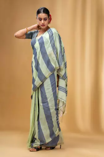 Tea Green And Grey Cotton Handwoven Half N Half Saree With Stripe Pattern