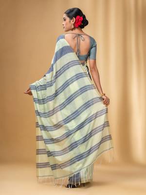 Tea Green And Grey Cotton Handwoven Half N Half Saree With Stripe Pattern 4