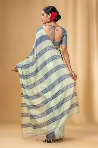 Tea Green And Grey Cotton Handwoven Half N Half Saree With Stripe Pattern