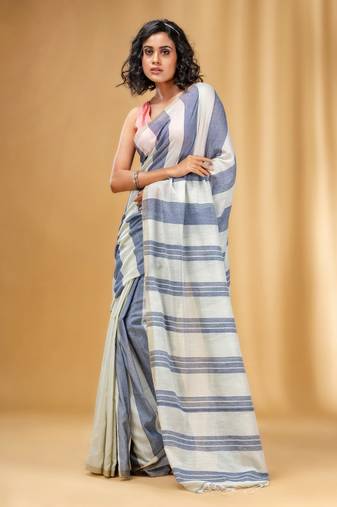Off White And Grey Cotton Handwoven Half N Half Saree With Stripe Pattern