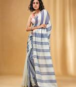 Off White And Grey Cotton Handwoven Half N Half Saree With Stripe Pattern