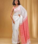 White Cotton Handwoven Soft Saree With Red Pallu