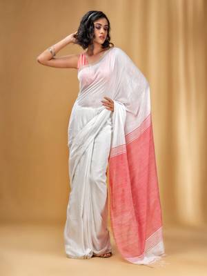 White Cotton Handwoven Soft Saree With Red Pallu 2