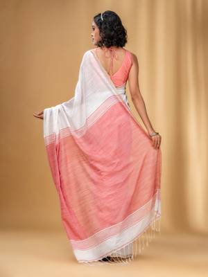 White Cotton Handwoven Soft Saree With Red Pallu 4