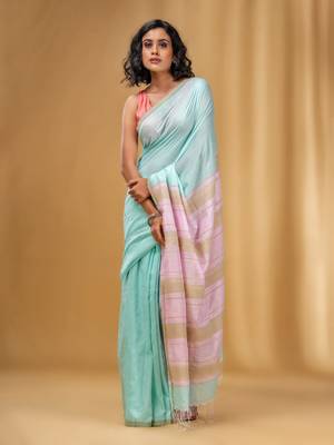 Sea Green Cotton Handwoven Soft Saree With Stripe Pallu In Pink And Beige 1