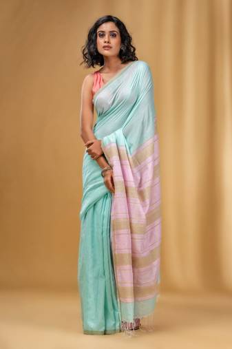 Sea Green Cotton Handwoven Soft Saree With Stripe Pallu In Pink And Beige