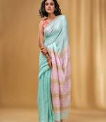 Sea Green Cotton Handwoven Soft Saree With Stripe Pallu In Pink And Beige