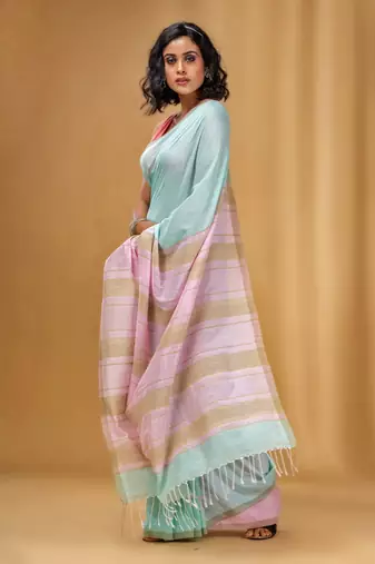 Sea Green Cotton Handwoven Soft Saree With Stripe Pallu In Pink And Beige