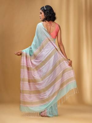 Sea Green Cotton Handwoven Soft Saree With Stripe Pallu In Pink And Beige 4