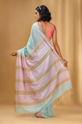 Sea Green Cotton Handwoven Soft Saree With Stripe Pallu In Pink And Beige
