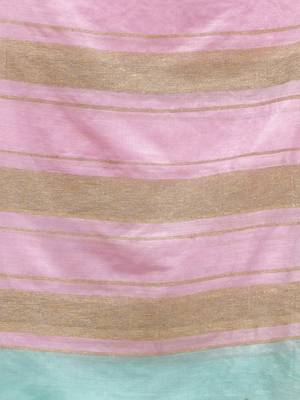 Sea Green Cotton Handwoven Soft Saree With Stripe Pallu In Pink And Beige 5