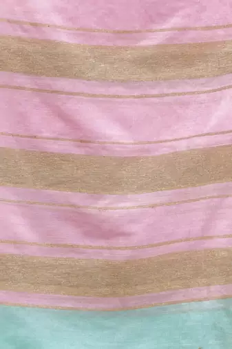 Sea Green Cotton Handwoven Soft Saree With Stripe Pallu In Pink And Beige