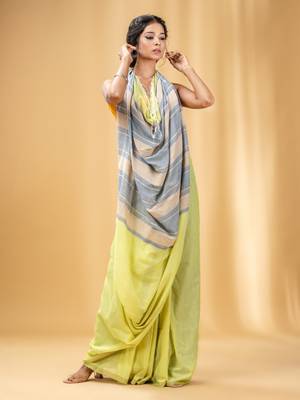 Lime Green Cotton Handwoven Soft Saree With Stripe Pallu In Grey And Beige 1