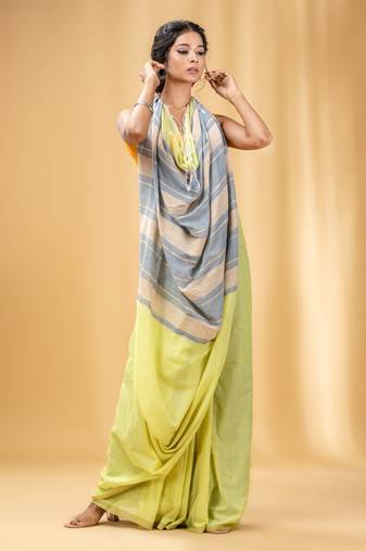 Lime Green Cotton Handwoven Soft Saree With Stripe Pallu In Grey And Beige