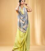 Lime Green Cotton Handwoven Soft Saree With Stripe Pallu In Grey And Beige