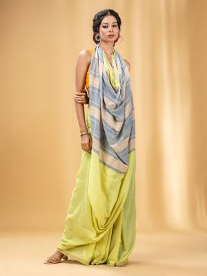 Lime Green Cotton Handwoven Soft Saree With Stripe Pallu In Grey And Beige 2