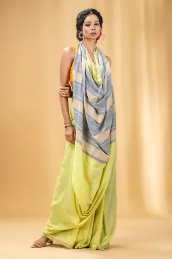 Lime Green Cotton Handwoven Soft Saree With Stripe Pallu In Grey And Beige