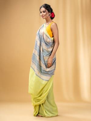 Lime Green Cotton Handwoven Soft Saree With Stripe Pallu In Grey And Beige 3