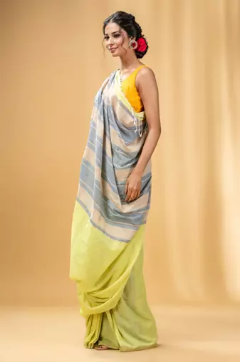 Lime Green Cotton Handwoven Soft Saree With Stripe Pallu In Grey And Beige