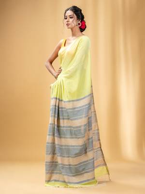 Lime Green Cotton Handwoven Soft Saree With Stripe Pallu In Grey And Beige 4