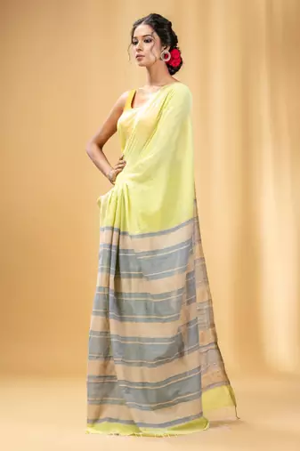 Lime Green Cotton Handwoven Soft Saree With Stripe Pallu In Grey And Beige