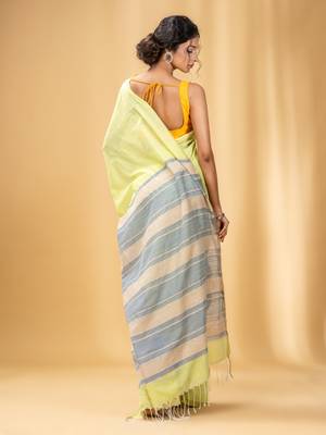 Lime Green Cotton Handwoven Soft Saree With Stripe Pallu In Grey And Beige 5