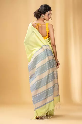 Lime Green Cotton Handwoven Soft Saree With Stripe Pallu In Grey And Beige