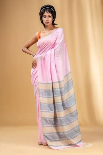 Baby Pink Cotton Handwoven Soft Saree With Stripe Pallu In Grey And Beige