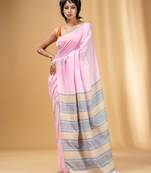 Baby Pink Cotton Handwoven Soft Saree With Stripe Pallu In Grey And Beige
