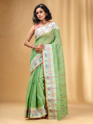 Allover Texture Motifs Pistachio Green Handwoven Cotton Tant Saree 1