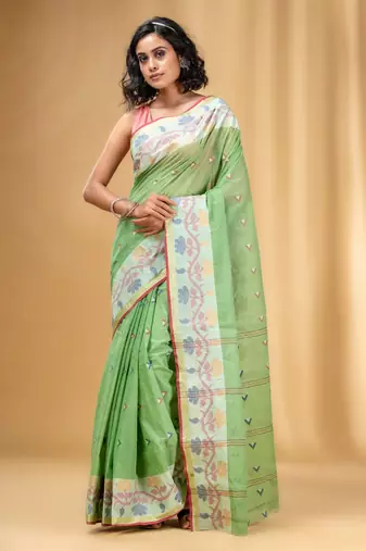 Allover Texture Motifs Pistachio Green Handwoven Cotton Tant Saree