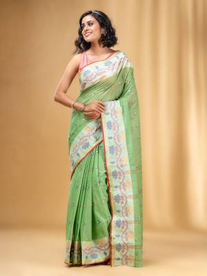 Allover Texture Motifs Pistachio Green Handwoven Cotton Tant Saree 2