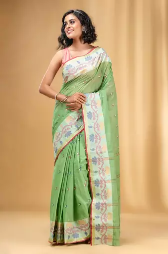 Allover Texture Motifs Pistachio Green Handwoven Cotton Tant Saree