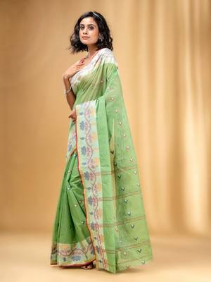 Allover Texture Motifs Pistachio Green Handwoven Cotton Tant Saree 3