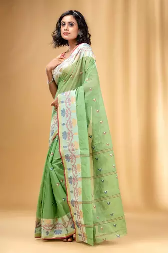 Allover Texture Motifs Pistachio Green Handwoven Cotton Tant Saree