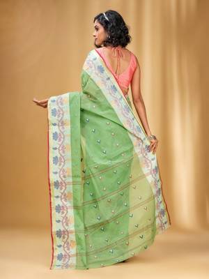 Allover Texture Motifs Pistachio Green Handwoven Cotton Tant Saree 4