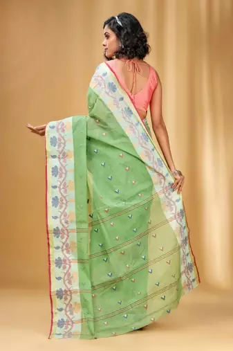 Allover Texture Motifs Pistachio Green Handwoven Cotton Tant Saree
