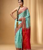 Sea Green Cotton Handspun Handwoven Saree With Floral Motifs