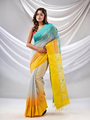 Grey Cotton Blend Handwoven Saree With Ikkat Style 1