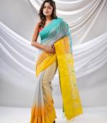 Grey Cotton Blend Handwoven Saree With Ikkat Style