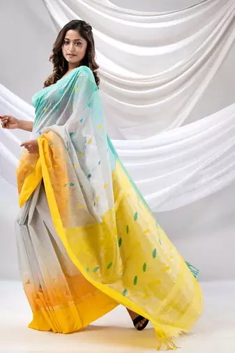 Grey Cotton Blend Handwoven Saree With Ikkat Style