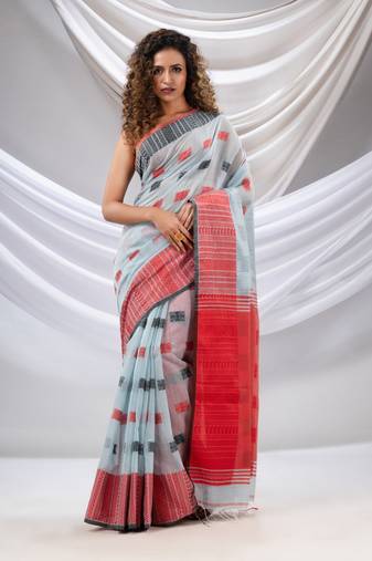 Sky Blue Cotton Handspun Soft Saree With Nakshi Design