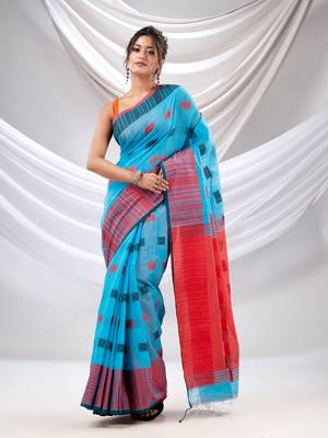 Sky Blue Cotton Handspun Soft Saree With Nakshi Design 1