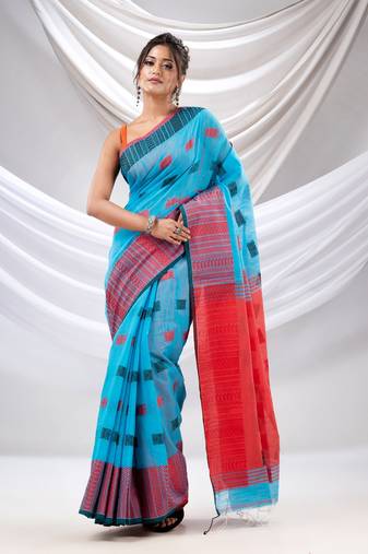 Sky Blue Cotton Handspun Soft Saree With Nakshi Design