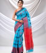 Sky Blue Cotton Handspun Soft Saree With Nakshi Design